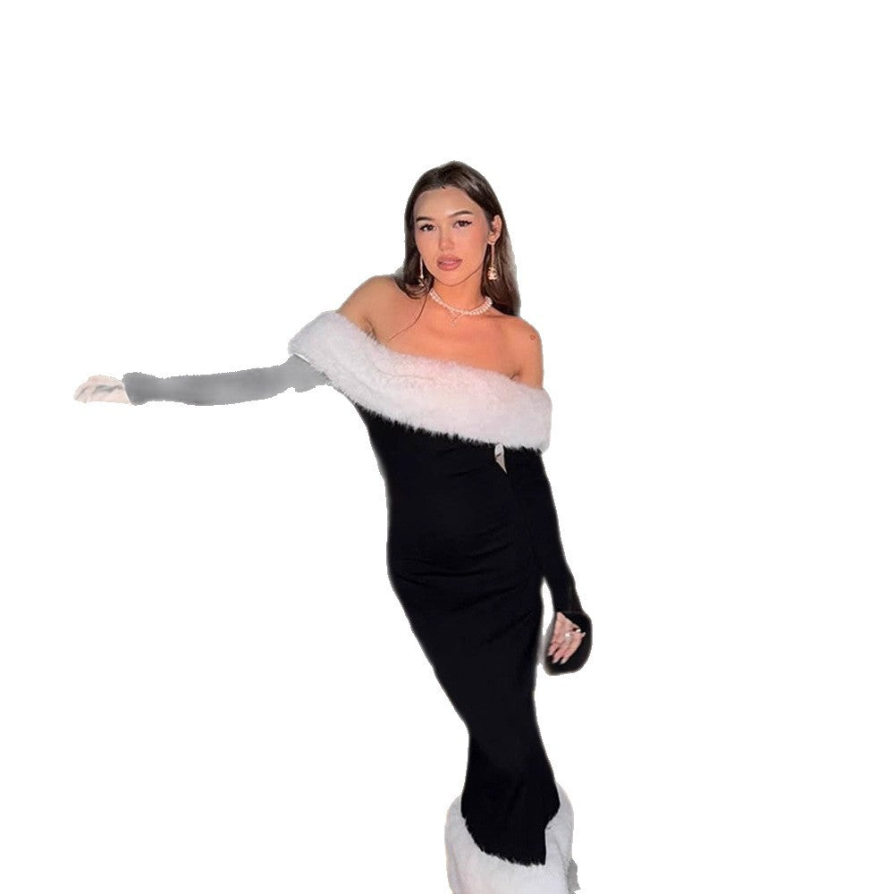 Damen figurbetontes Off-Shoulder-Midikleid mit Kunstpelzbesatz an Ausschnitt und Saum Drune