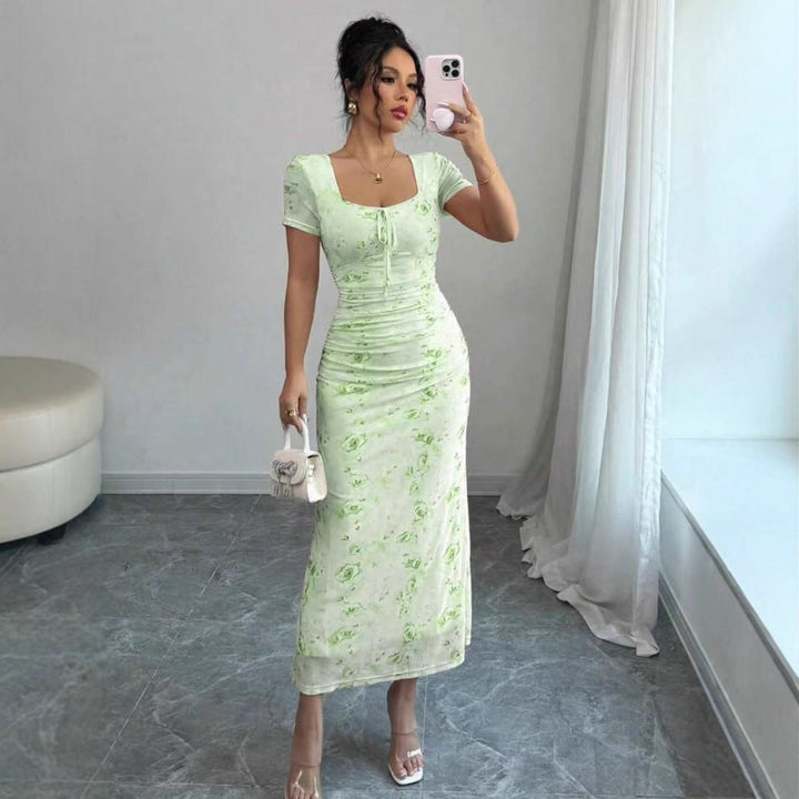 Damen Midi-Kleid mit raffinierten Falten und floralem Muster Drune