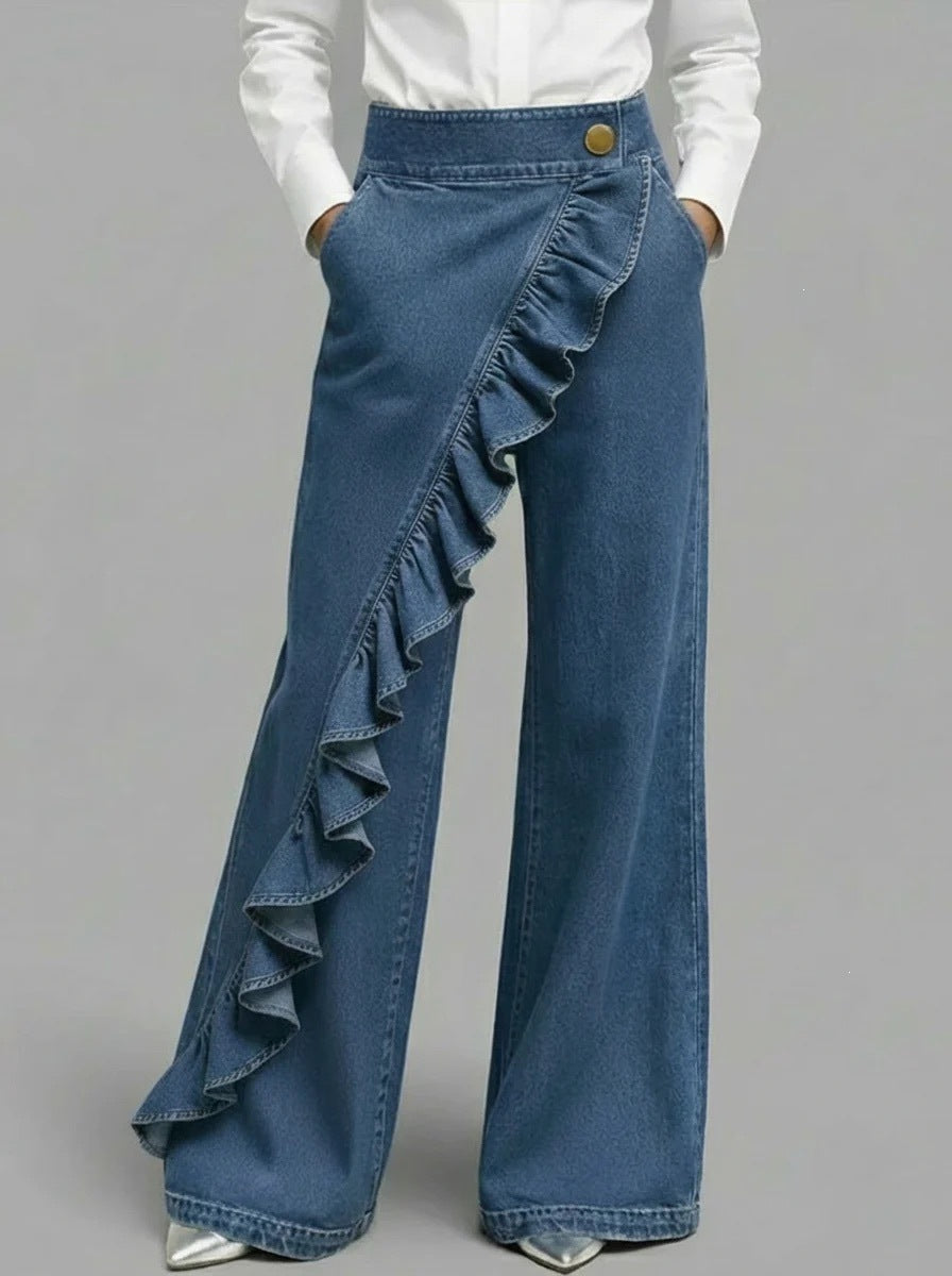 Damen Weite Jeanshose mit Rüschendetail Drune