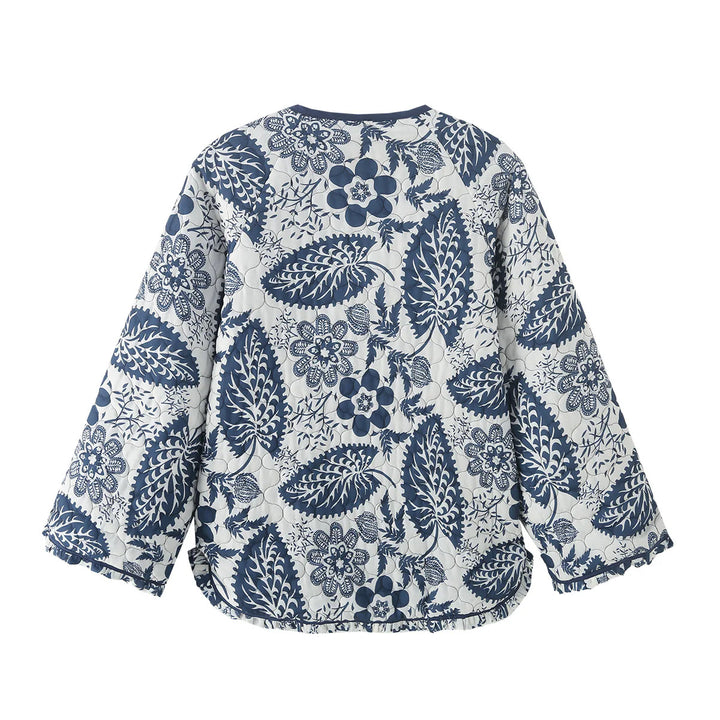 Damen nan gesteppte Steppjacke mit floralem Patchwork-Print, runder Knopfleiste und gerundetem Saum Drune