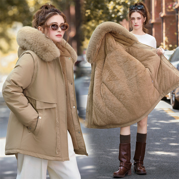 Damen nan kurzer urbaner Thermoparka mit luxuriösem abnehmbarem Pelzkragen und multifunktionalen Taschen Drune