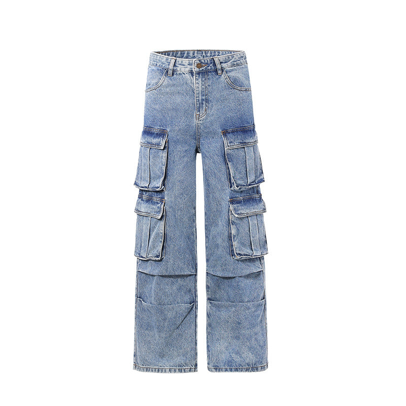 Herren Ultraweite Denim-Cargo-Jeans im Baggy-Cut mit mehrfachen Klappentaschen Drune