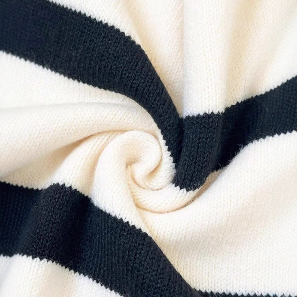 Damen Gestreiftes Kurzarm-Stricktop mit V-Kragen und überschnittener Schulter Drune