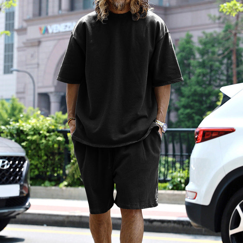 Herren nan kastiges Kurzarmshirt mit lockeren Sweat-Bermudas aus schwerem Baumwolljersey Drune