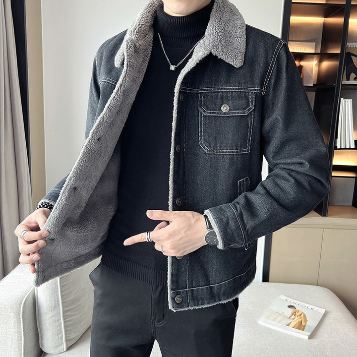 Herren Lässige Denimjacke mit Teddyfellkragen Drune