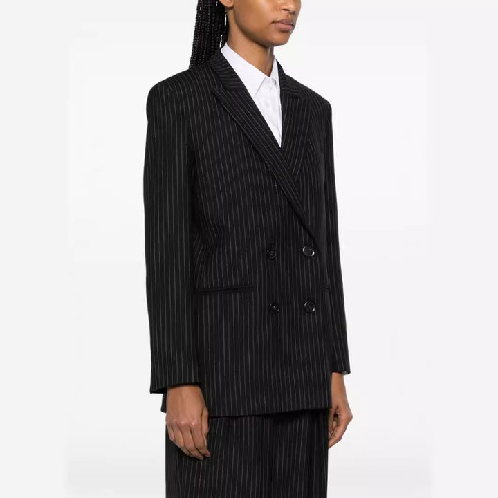 Damen Zweiteiliger Nadelstreifen-Anzug mit oversized Doppelreiher und weiten Bundfaltenhosen Drune