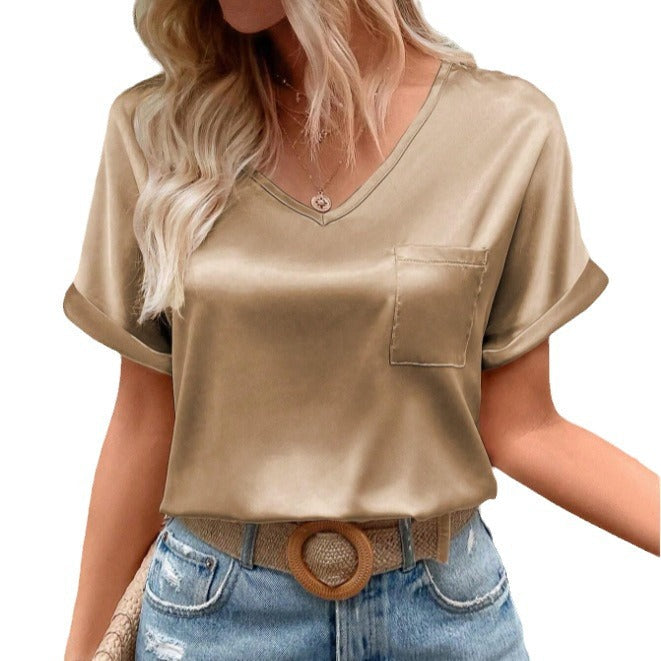 Damen Satin V-Ausschnitt T-Shirt mit Brusttasche und Lässigem Schnitt Drune