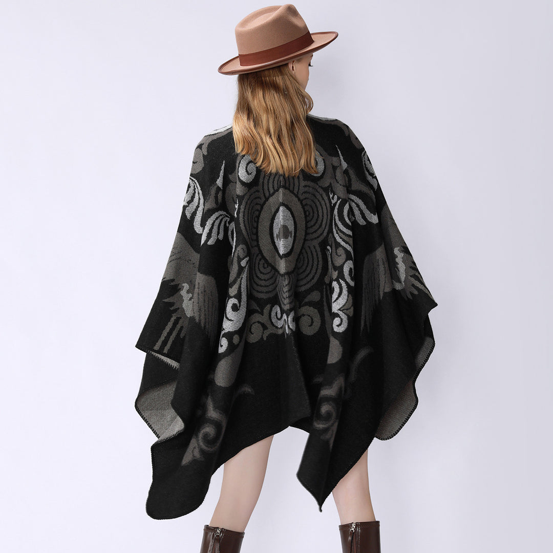 Damen Wollmix-Cape mit ornamentalem Jacquard, asymmetrischem Zipfel und weichfallendem Oversize-Fall Drune