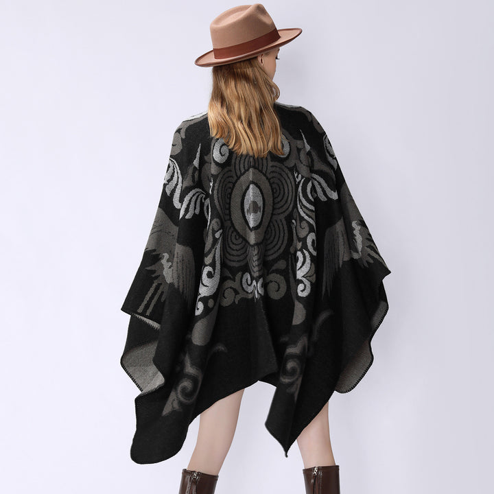 Damen Wollmix-Cape mit ornamentalem Jacquard, asymmetrischem Zipfel und weichfallendem Oversize-Fall Drune