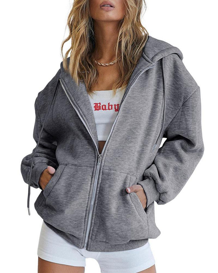 Damen nan Oversize-Zip-Hoodie mit Kapuze Kängurutaschen und weichem French-Terry Drune