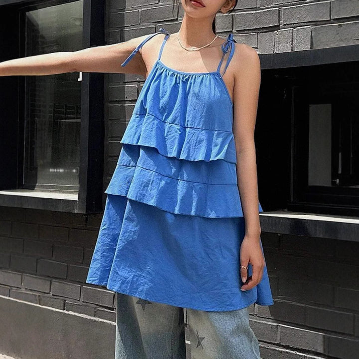 Damen luftiges Schwingkleid mit mehrlagigem Design und verstellbaren Trägern Drune