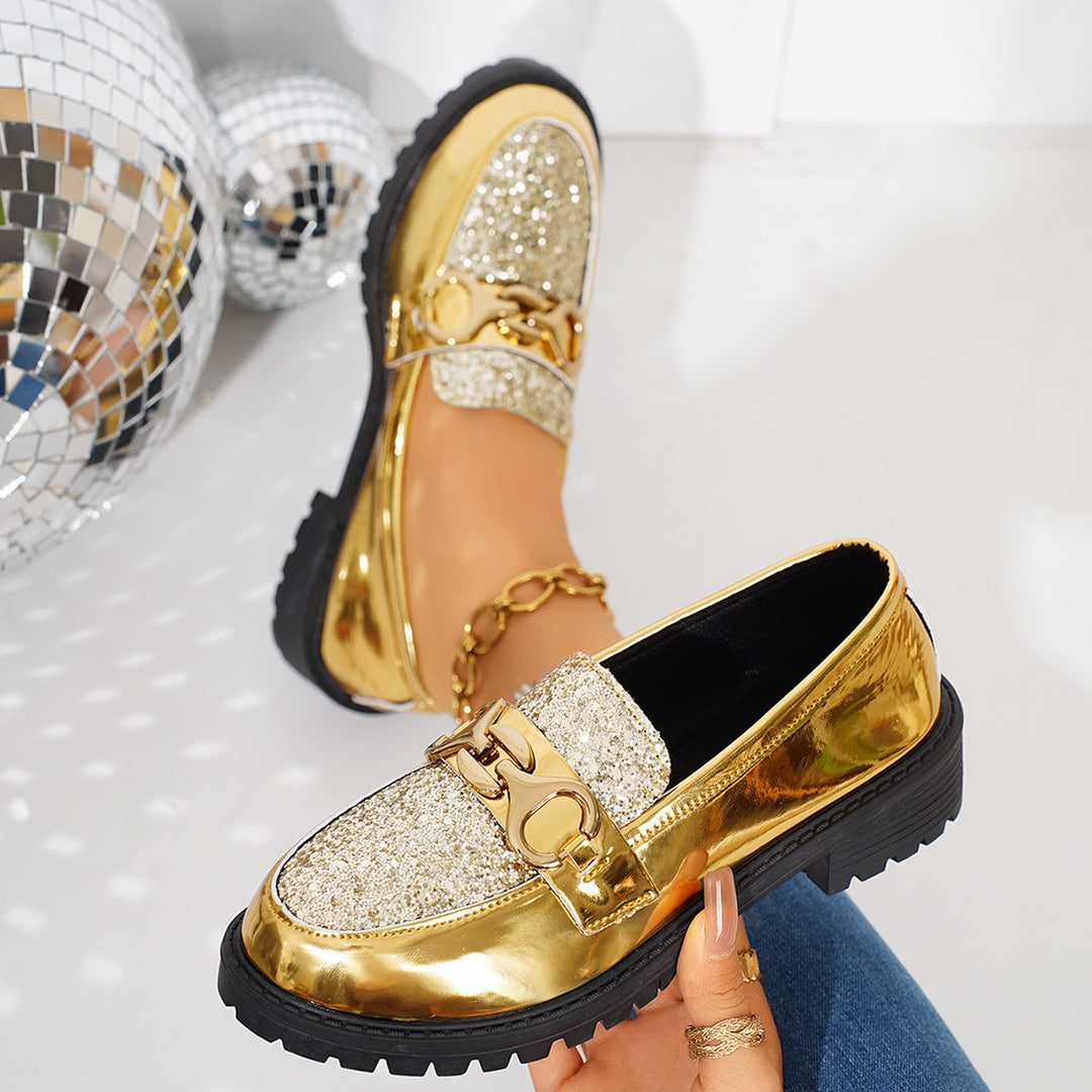 Damen Lackloafer mit glitzernder Vorderkappe, Schlupfdesign und profilierter Plateausohle Drune