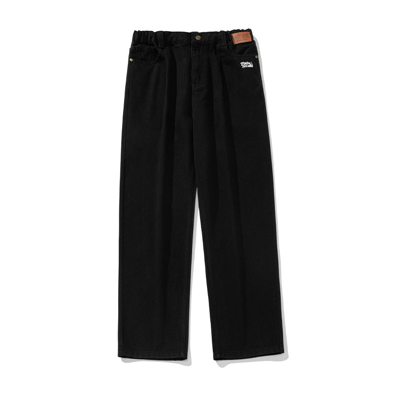Unisex Weite High-Waist Denim-Hose mit Paperbag-Bund, Bundfalten und geradem Bein Drune