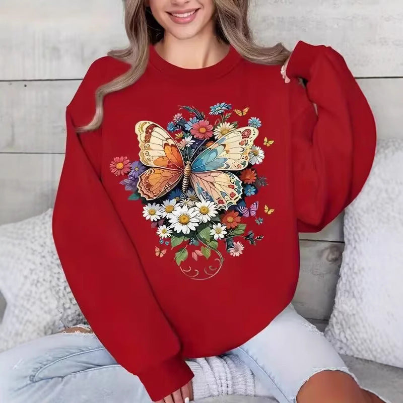 Damen Langarm Sweatshirt mit floralem Schmetterlingsdruck Drune