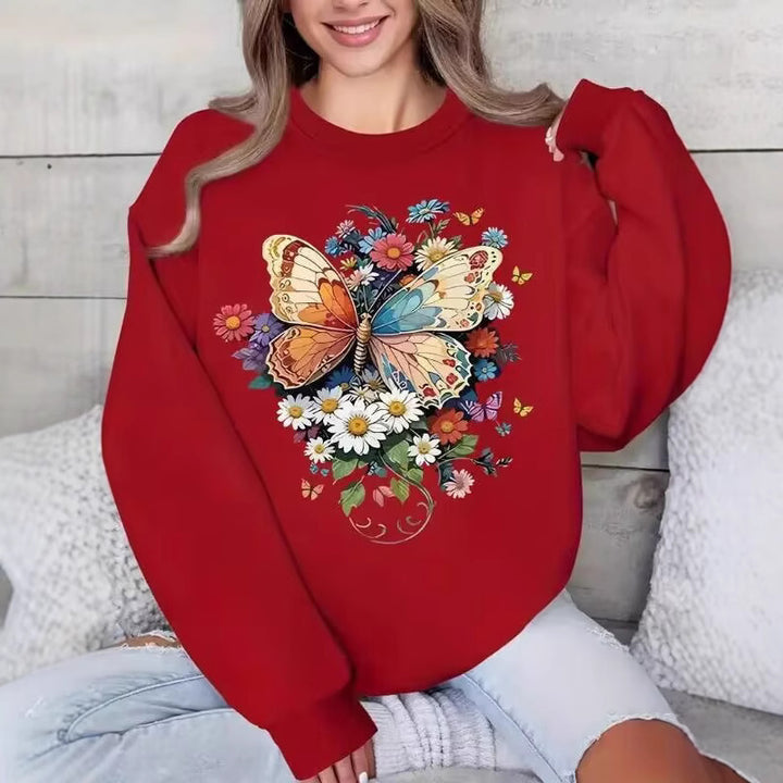 Damen Langarm Sweatshirt mit floralem Schmetterlingsdruck Drune