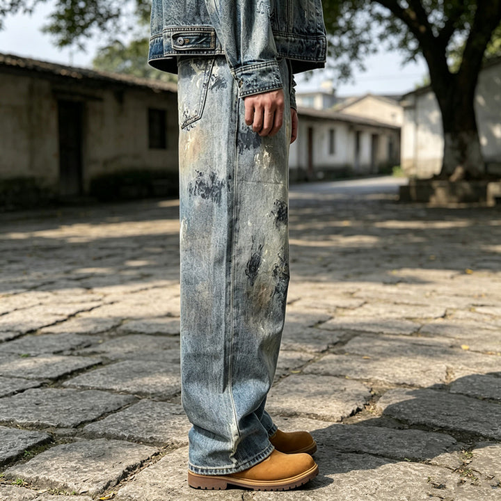 Herren Weite Denim-Jeans im Used-Look Drune