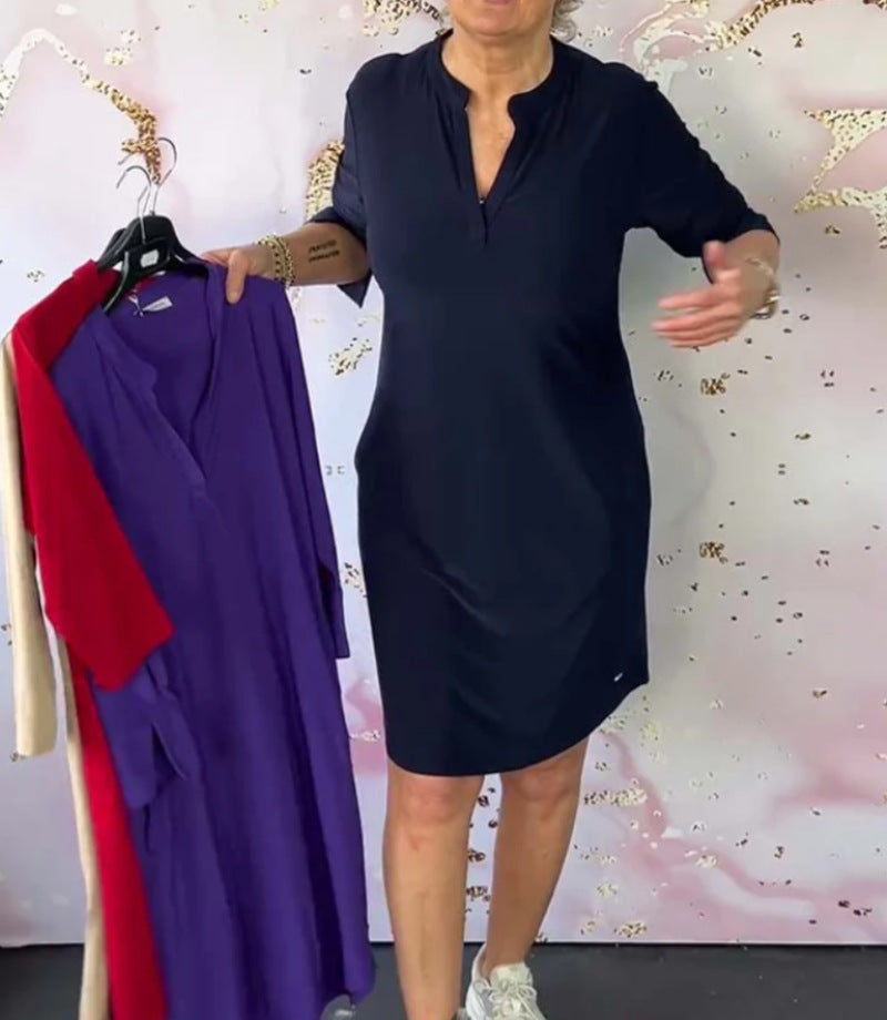 Damen nan legeres knielanges Shiftkleid aus elastischem Jersey mit Stehkragen und V-Ausschnitt Drune