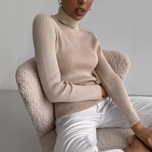 Damen langer Pullover mit hohem Kragen und feiner Rippenstruktur Drune