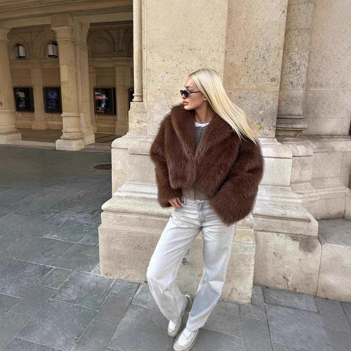 Damen Kurze Cropped Kunstpelzjacke mit voluminösem Schalkragen Drune