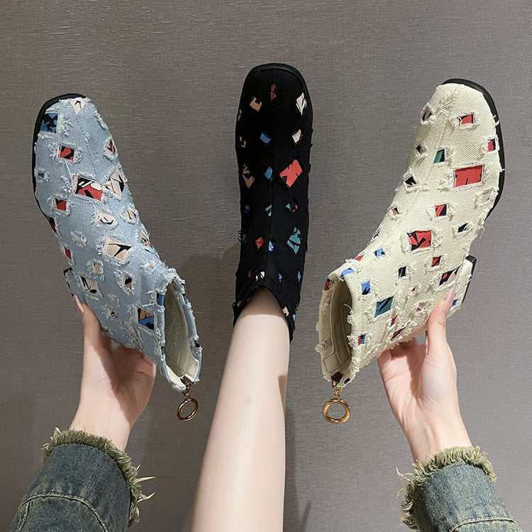 Damen Modische Ankle-Boots mit kreativem Geometrie-Druck und elegantem Reißverschluss Drune