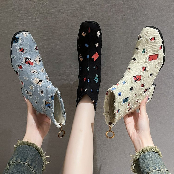 Damen Modische Ankle-Boots mit kreativem Geometrie-Druck und elegantem Reißverschluss Drune