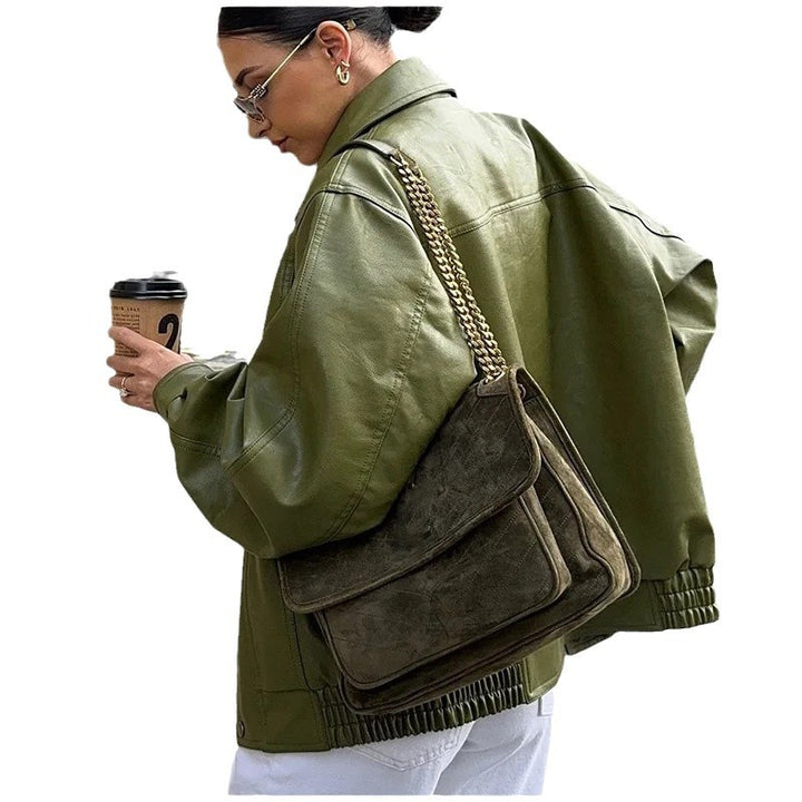 Damen modische oversized Lederjacke mit steigendem Kragen Drune