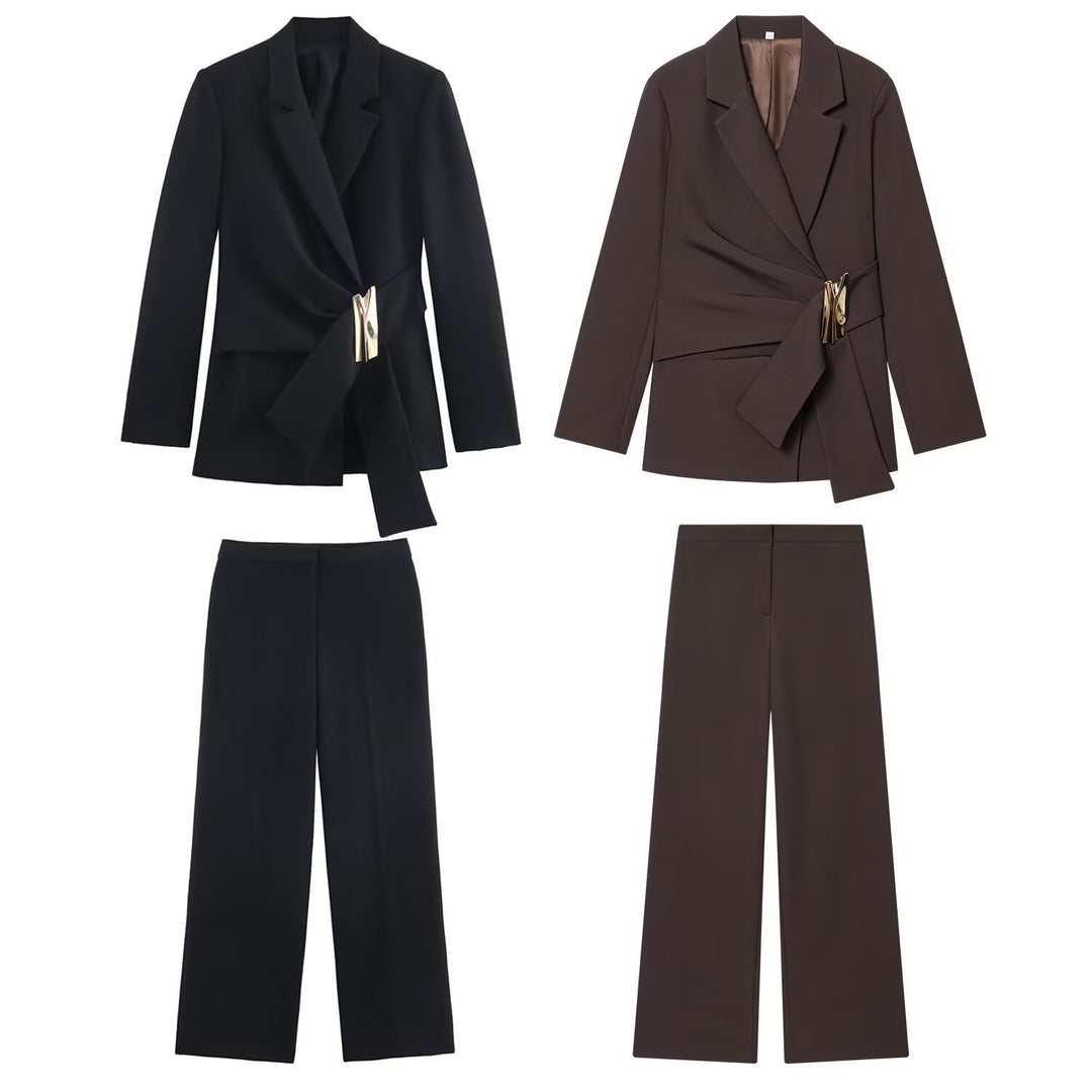 Damen Zweiteiliges Wickelblazer- und Palazzo-Anzugset mit Ziergürtel Drune