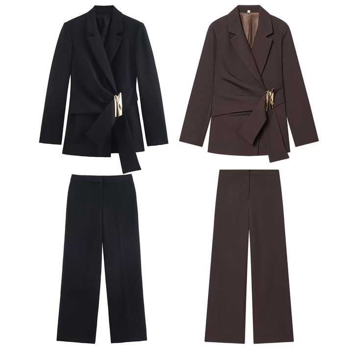 Damen Zweiteiliges Wickelblazer- und Palazzo-Anzugset mit Ziergürtel Drune
