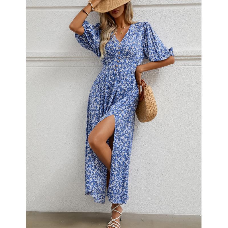 Damen Maxikleid mit floralem Design und knöpfigem Ausschnitt Drune
