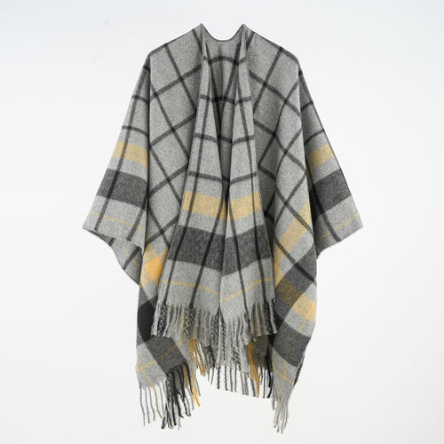 Damen Weicher Wollmix-Überwurfponcho im tartan-inspirierten Karo mit Fransen Drune
