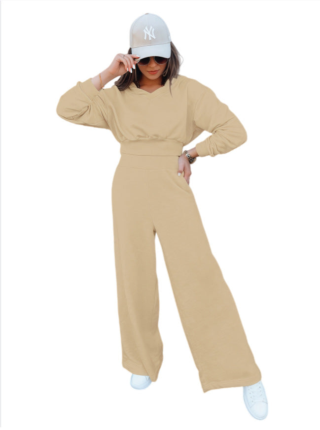 Damen Loungewear-Set mit Cropped V‑Ausschnitt-Pullover und hochtaillierter Palazzohose Drune