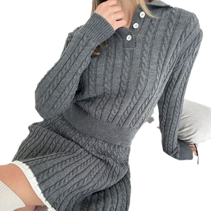 Damen gestricktes Zopfmuster-Polokragen-Set mit Button-Placket und A-Linien-Rock Drune