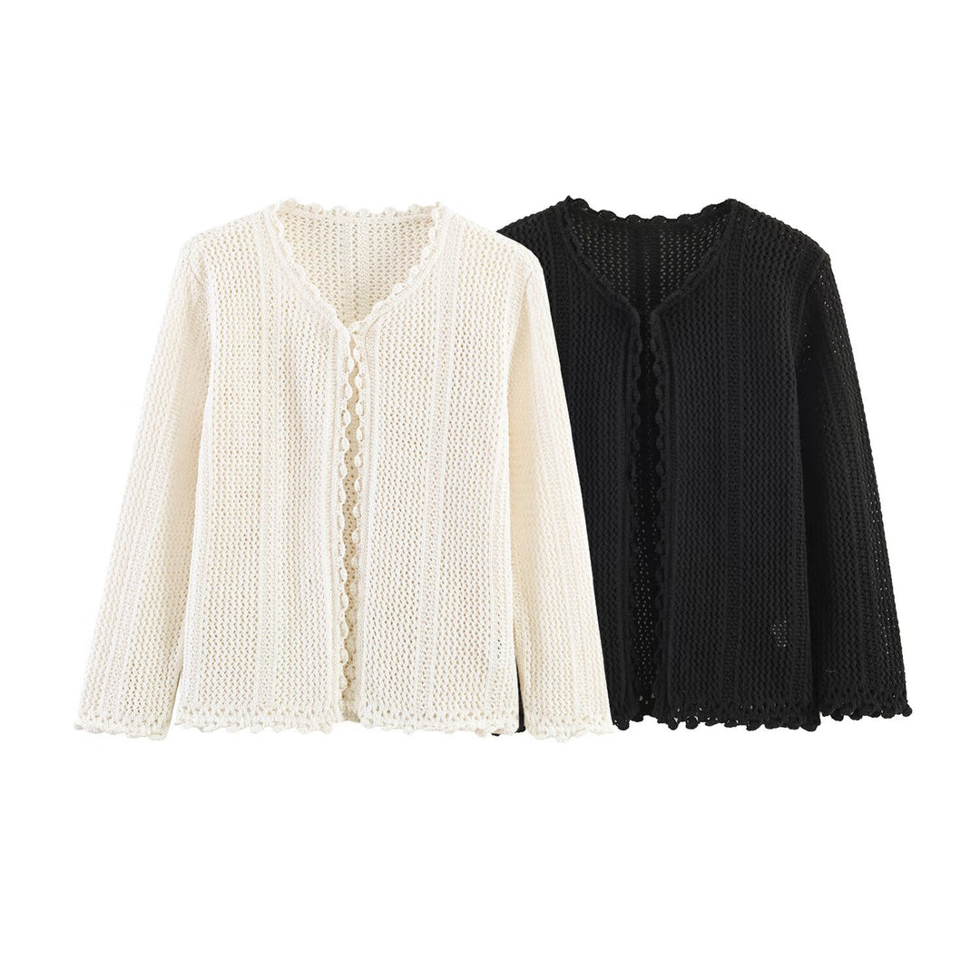 Damen Offener Häkel-Cardigan mit V-Ausschnitt und Wellenkante Drune