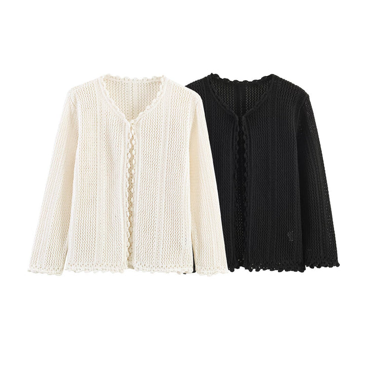 Damen Offener Häkel-Cardigan mit V-Ausschnitt und Wellenkante Drune