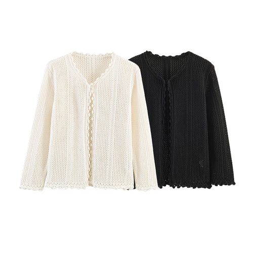 Damen Offener Häkel-Cardigan mit V-Ausschnitt und Wellenkante Drune