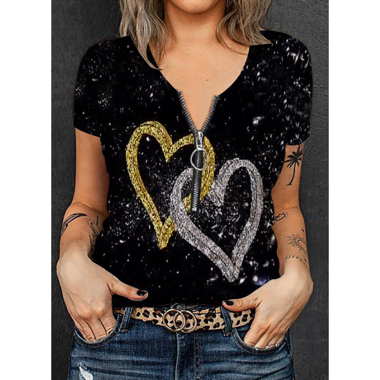 Damen Stylisches T-Shirt mit goldfarbenem Herz-Design und Reißverschluss Drune