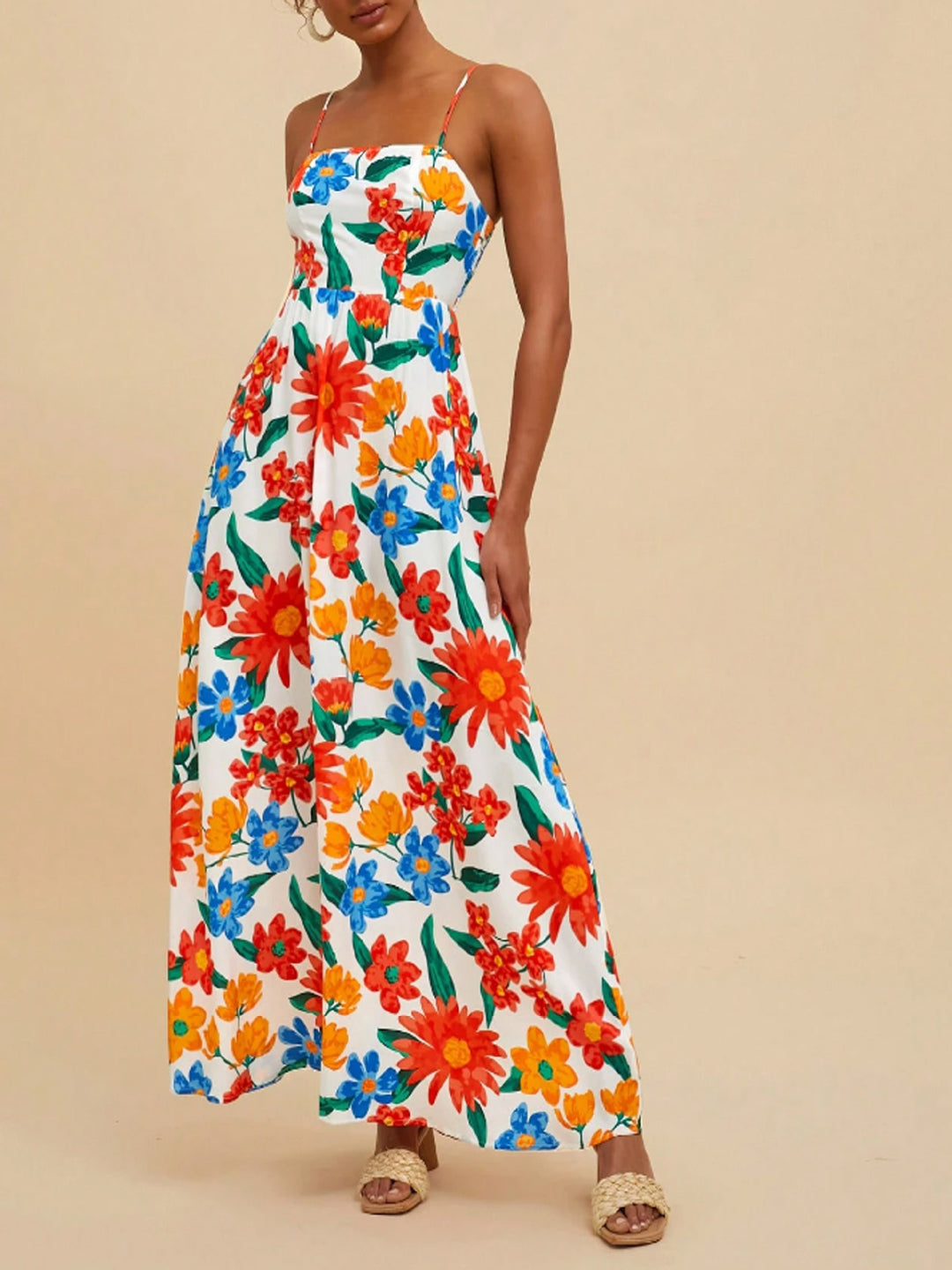 Damen Maxikleid mit buntem Blumenmuster und verstellbaren Trägern Drune