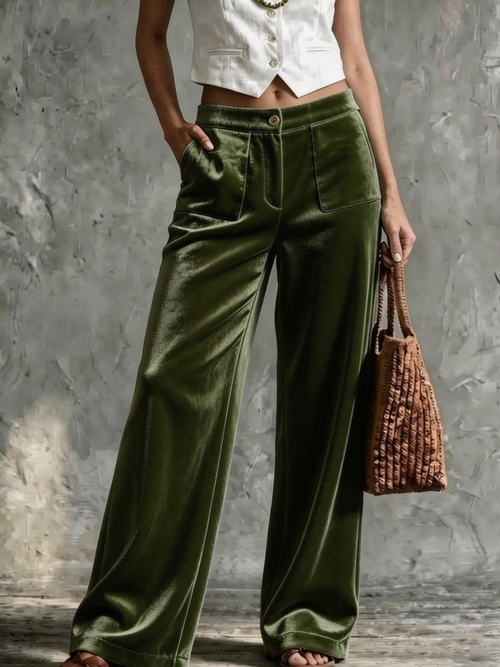 Damen Weite Samt-Palazzohose mit hoher Taille und aufgesetzten Taschen Drune