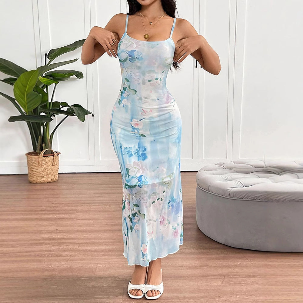 Damen fließendes Maxikleid mit Spaghettiträgern und floralem Druck Drune