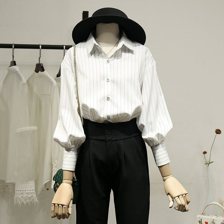 Damen Modische Bluse mit weitem Ärmel und Streifen Drune
