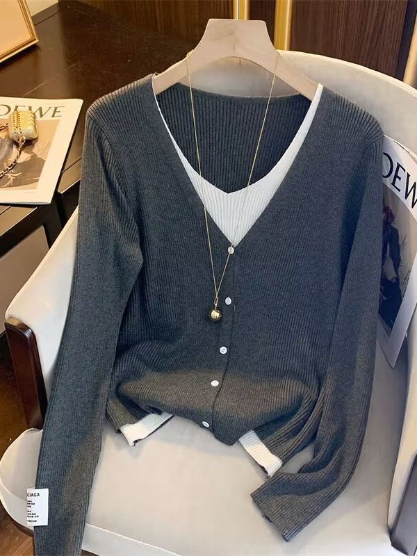 Damen lässige Strickjacke mit tiefem V-Ausschnitt und feiner Struktur Drune