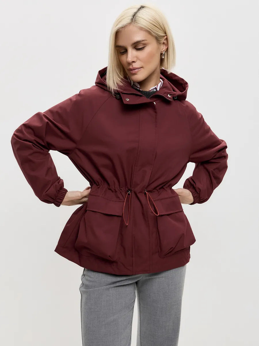 Damen wasserdichte Parka-Jacke mit Kapuze, Tunnelzugtaillierung und XXL-Klappentaschen Drune