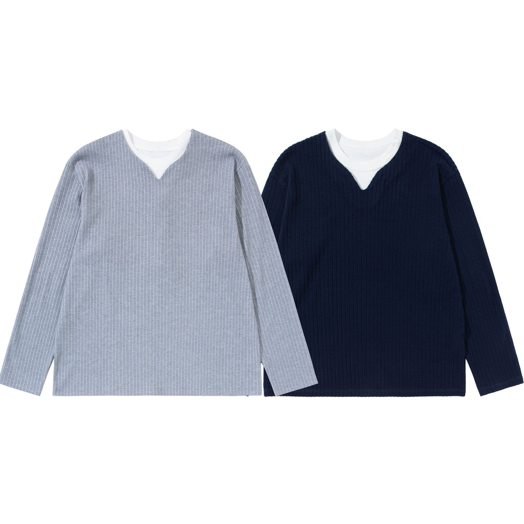 Unisex Gerippter Langarmpullover mit V-Notch und eingesetztem Rundhals-Underlayer Drune