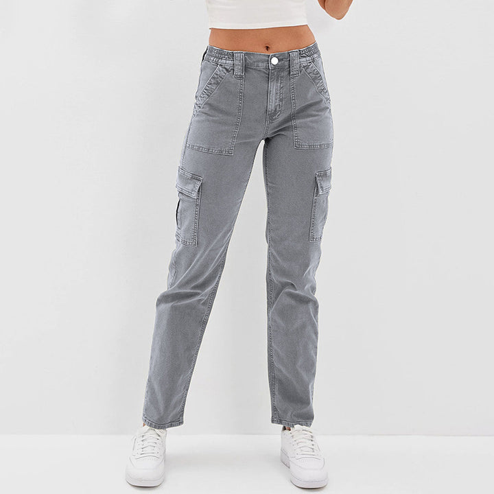 Damen Hochtaillierte Cargohose aus Denim mit geradem Bein und Mehrfachtaschen Drune