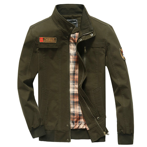 Herren Canvas-Bomberjacke mit kariertem Innenfutter, Stehkragen und Abzeichenapplikationen Drune
