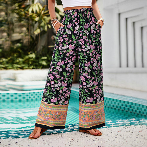 Damen nan weite Palazzohose mit gerafftem Bund, seitlichen Eingrifftaschen und floraler Boho-Print Drune