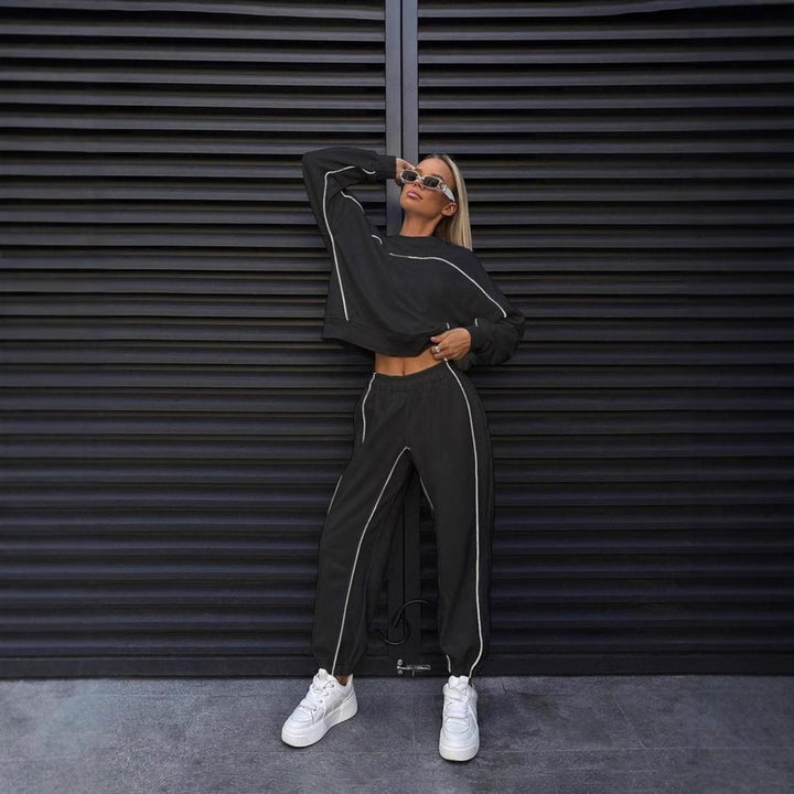 Damen nan kurzes Crop-Sweatshirt und lässige Jogginghose mit kontrastierenden Paspeln Drune