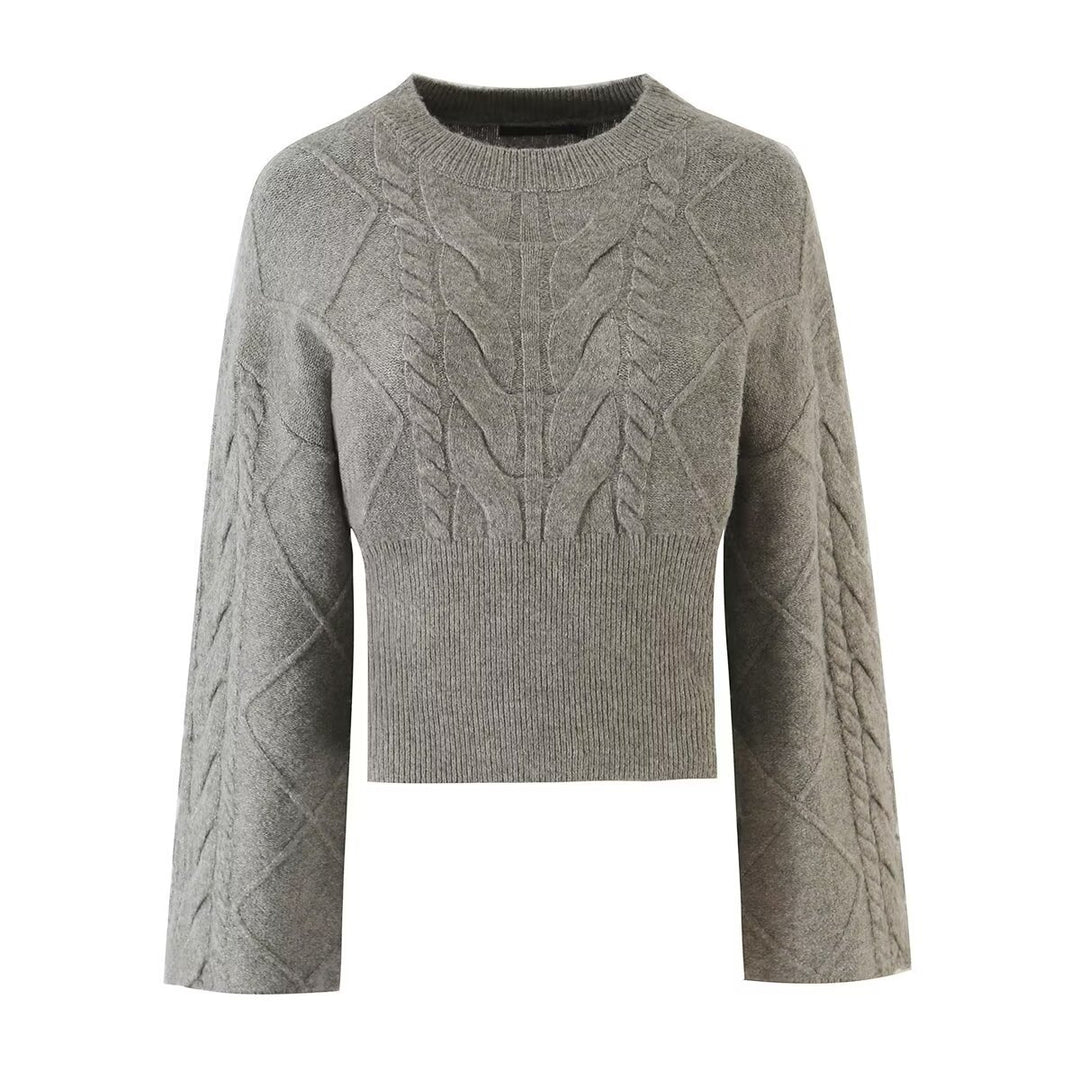 Damen Kurzgeschnittener Zopfstrick-Pullover mit weitem Ärmel und geripptem Saum Drune