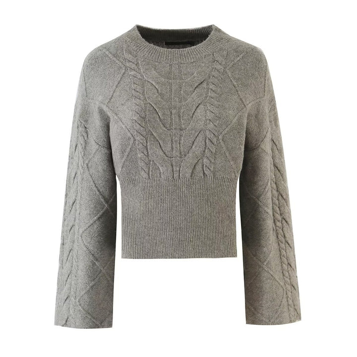 Damen Kurzgeschnittener Zopfstrick-Pullover mit weitem Ärmel und geripptem Saum Drune