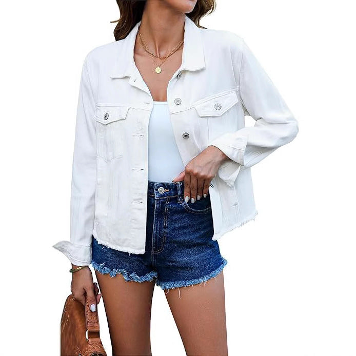 Damen Kurz geschnittene Jeansjacke mit Fransen-Saum und aufgesetzten Brusttaschen Drune
